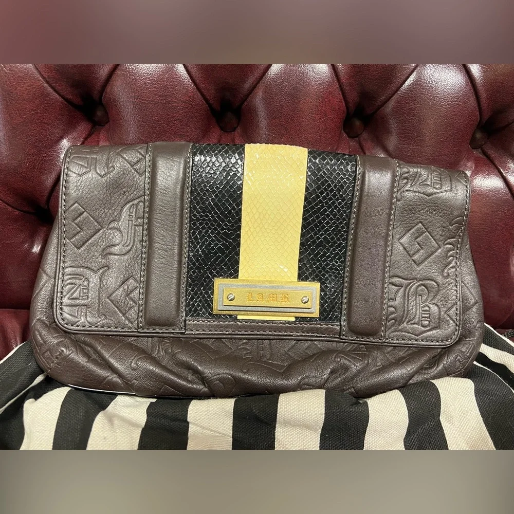 L.A.M.B. Dorset Chocolate Brown Leather Clutch with Faux Snakeskin